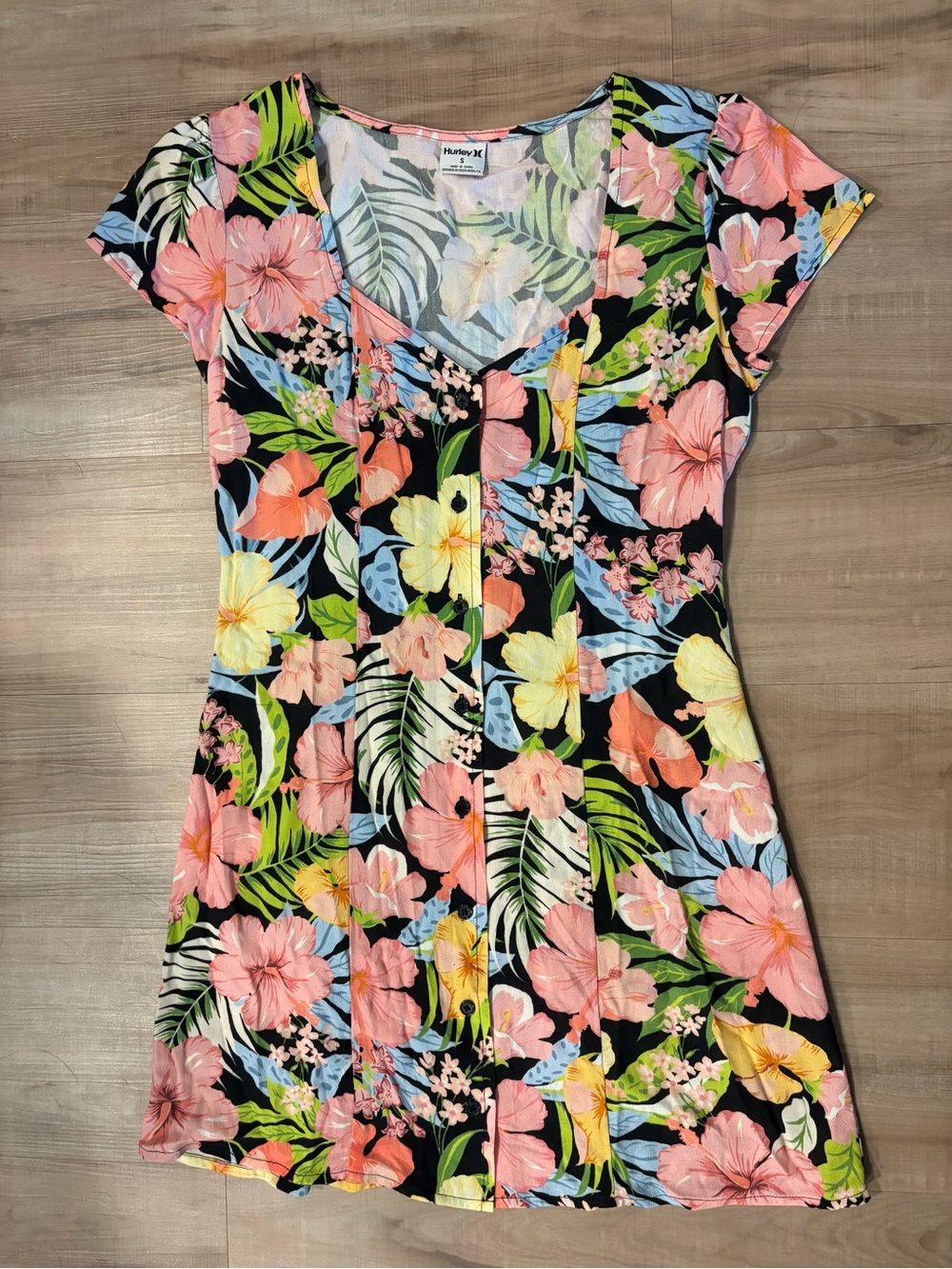 Hurley Black Floral Mini Dress with Pink, Yellow & Blue Flowers
